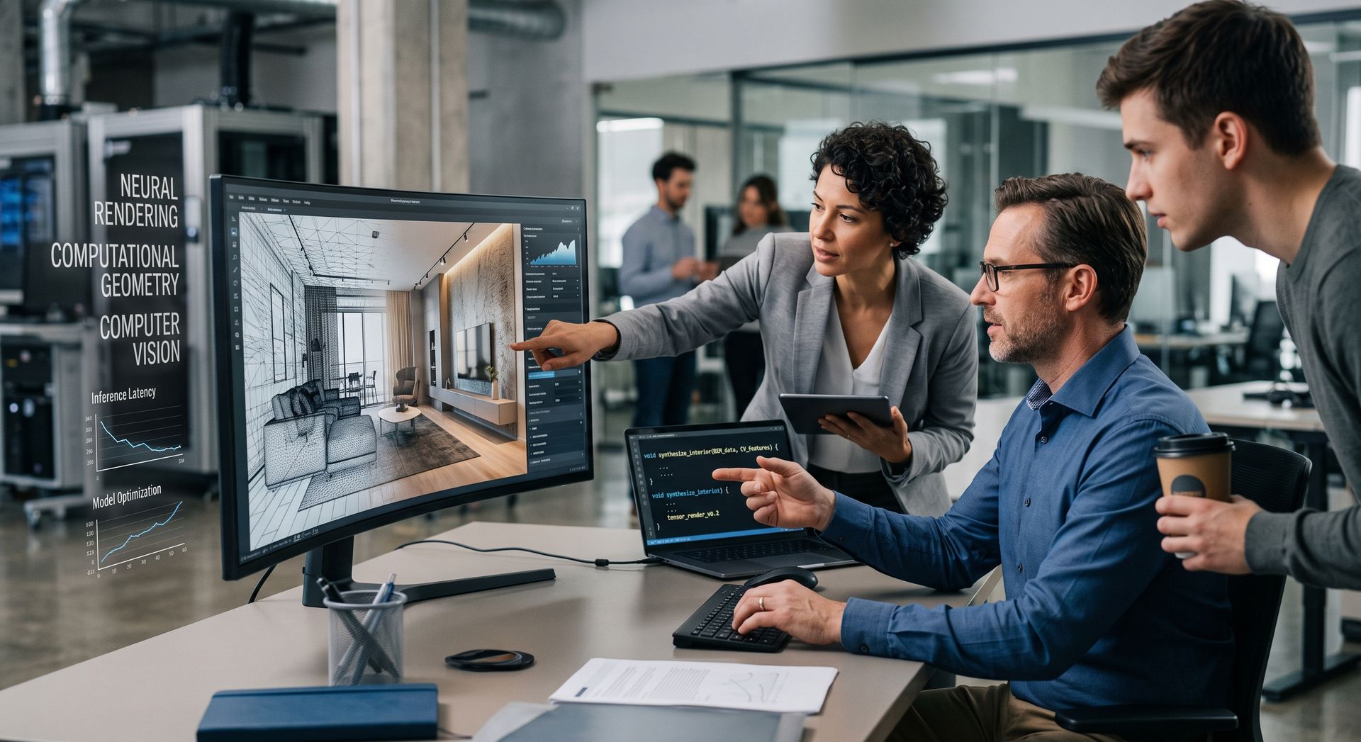 "Dynamic interior personalization relies on an advanced technology stack that unifies computational geometry, computer vision, and neural rendering engines. Rather than relying on static image libraries, generative AI platforms ingest core architectural data—such as 2D vector CAD files and Building Information Modelling (BIM) datasets—to synthesize immersive 3D environments dynamically."
Hyper-realistic, highly detailed, professional corporate, 85mm lens photograph.